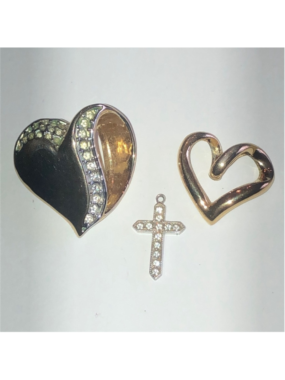 Lot of 3 Gold Tone Silver Tone CZ Rhinestone Hearts Cross Pendants